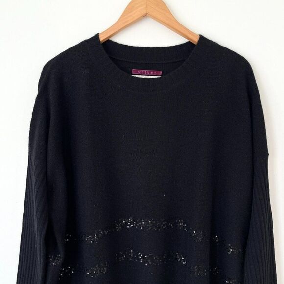Velvet Black 100% Cashmere Knit Sweater Sequin Detail Sz L Crewneck Luxury Soft - Picture 3 of 9